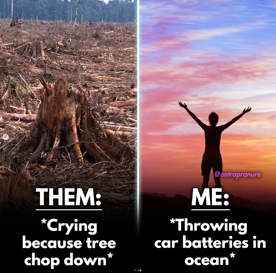 The meme is a humorous comparison between two opposite reactions to a traumatic event. The left image shows a destroyed forest with the text "When you get upset because a tree fell in your yard" and the right image shows a person crying with the text "When you get upset because a tree fell in your yard".